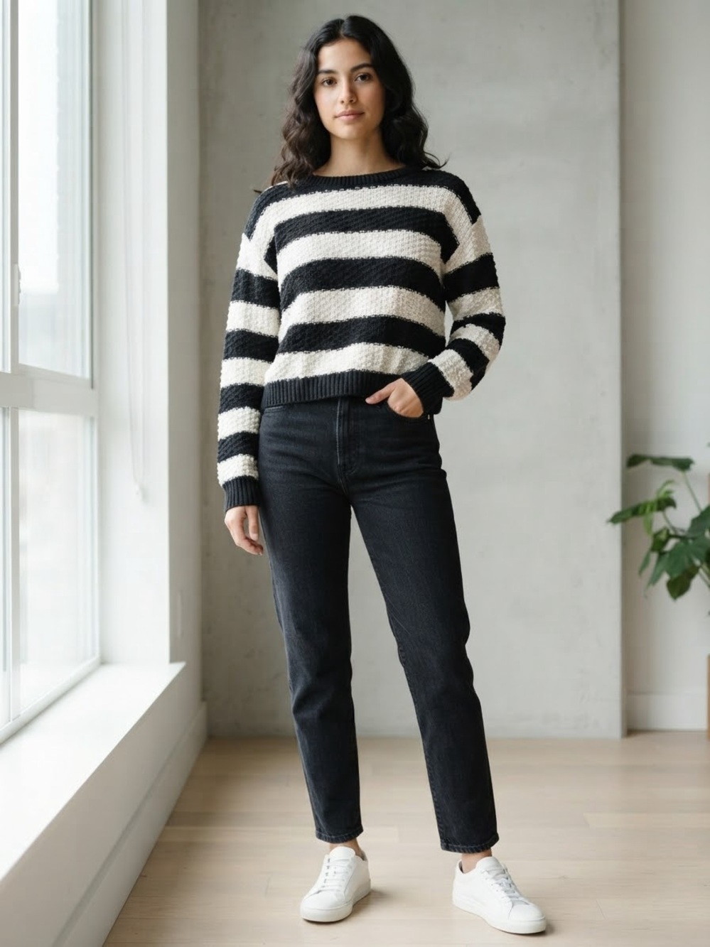Mim Black and Cream/White Textured Knit Striped Crewneck Sweater Size L